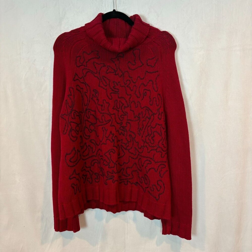 J.Jill Women's Wool Blend Turtle Neck Red Sweater Embroidered Abstract detail Lg